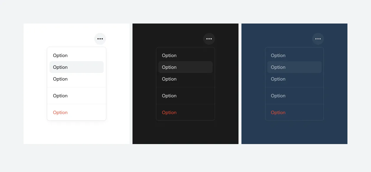 Menu component across three palettes