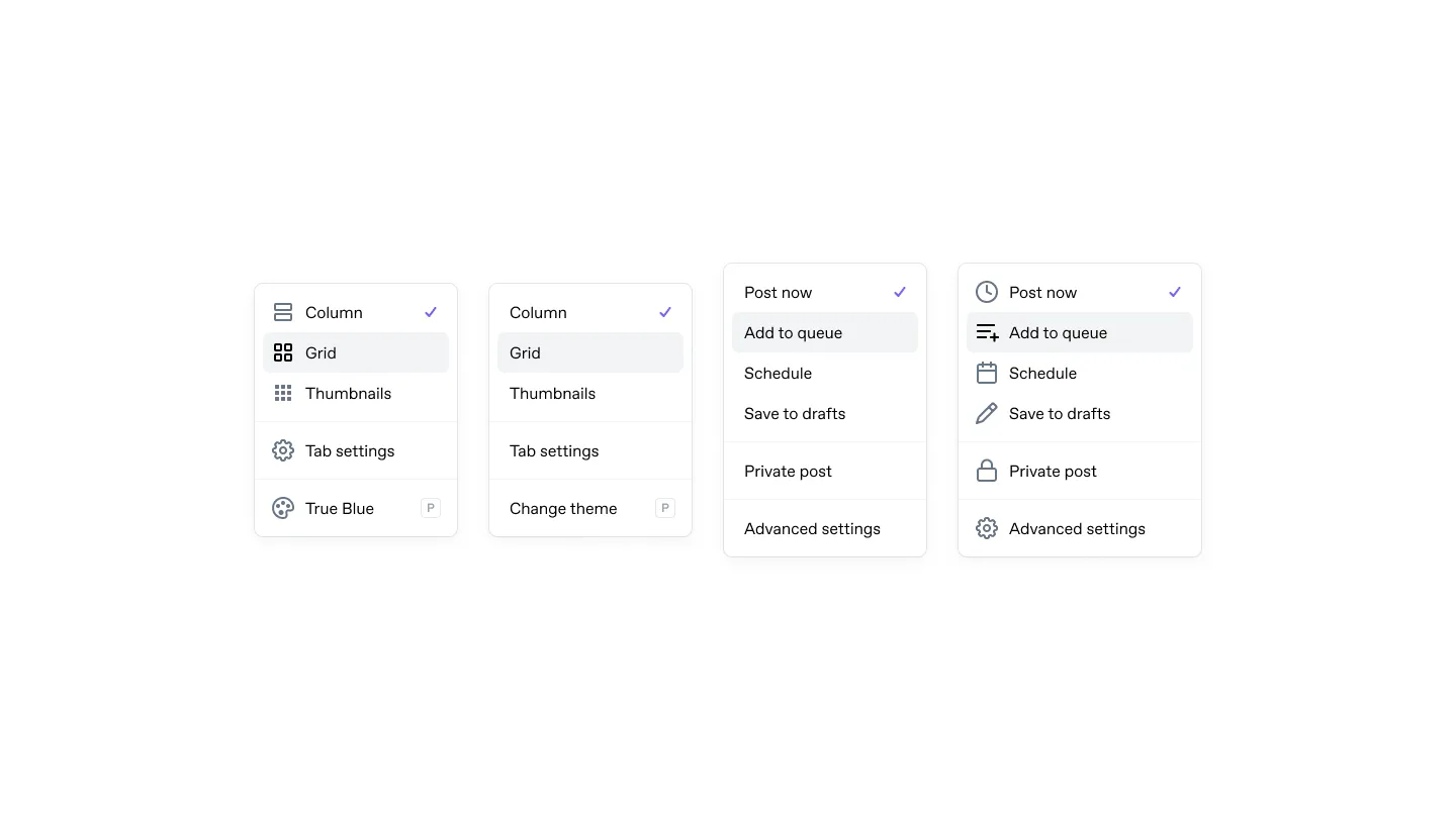 Dashboard view selector and post publishing menus