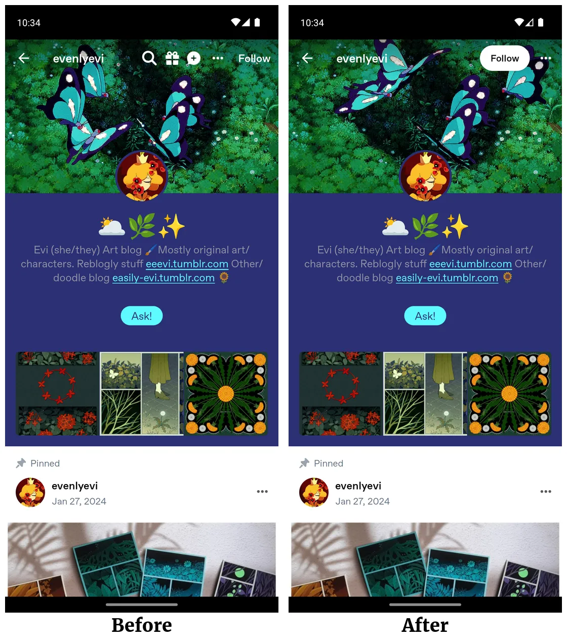 A/B test before and after, old header with six icons vs. new header with one contextual action