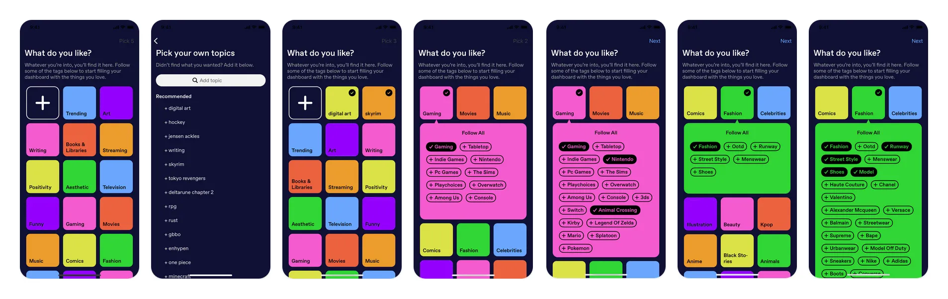 The existing topic selection screen