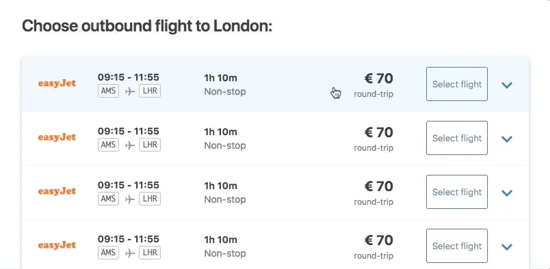 Flight selection animation