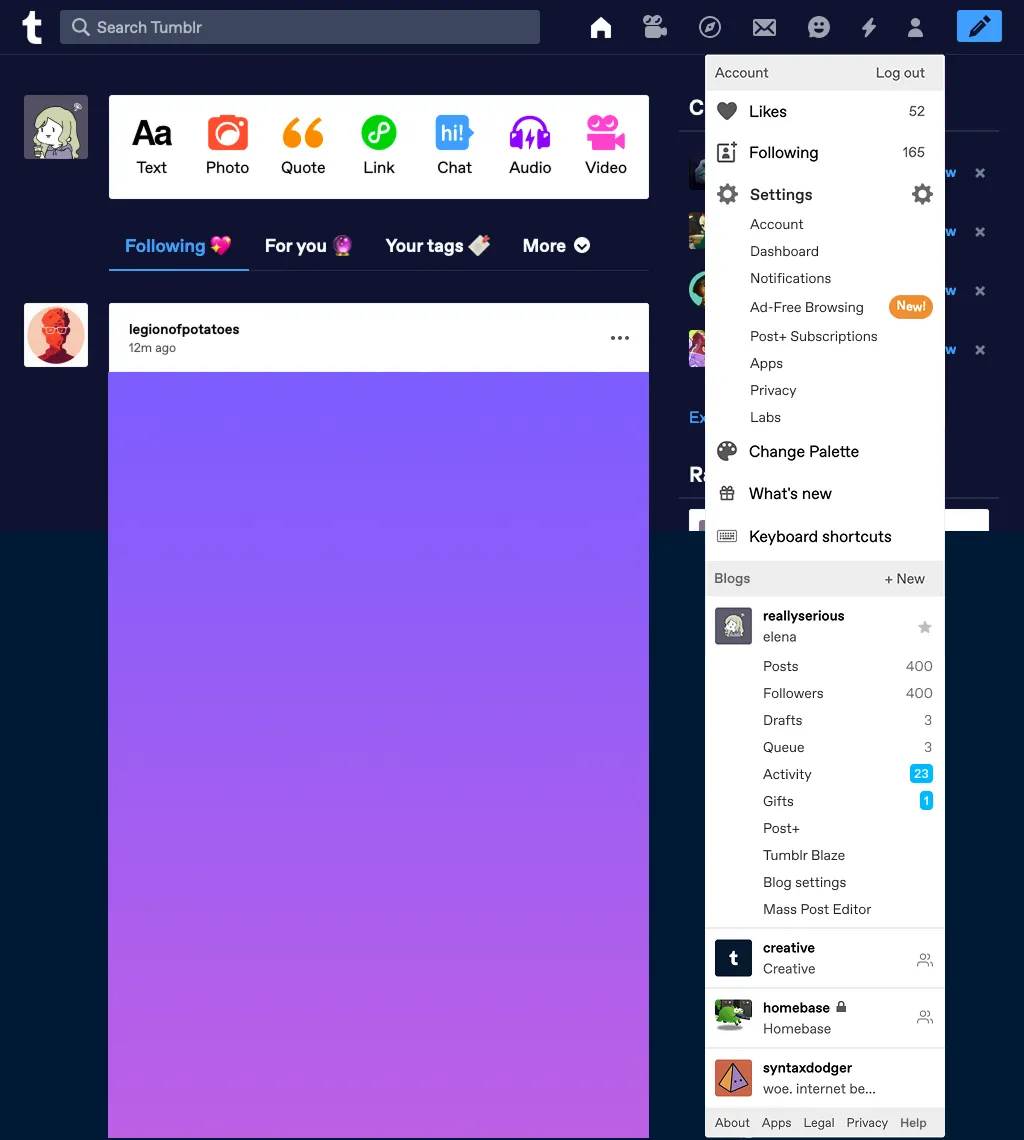 The Account dropdown open
