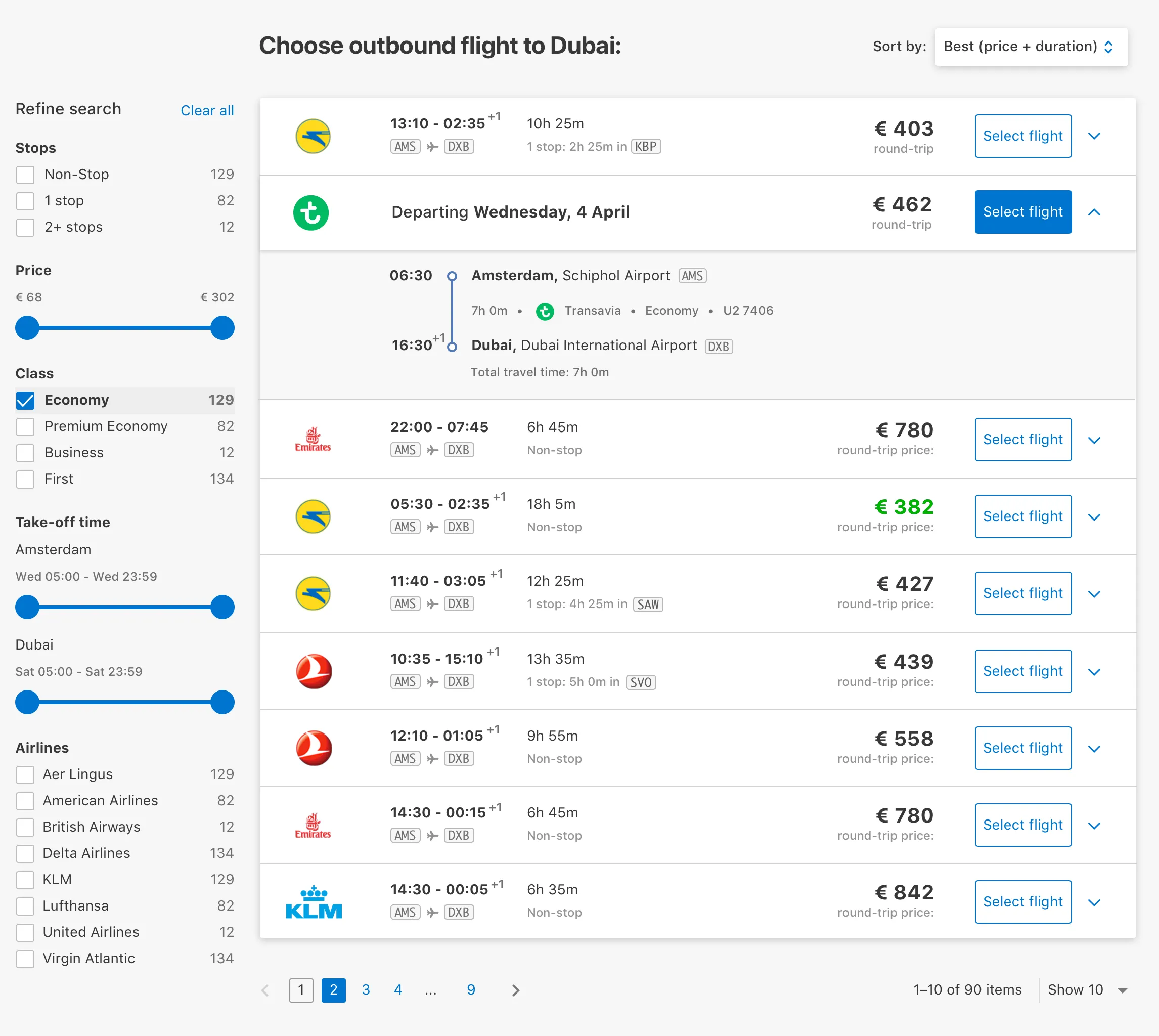 Outbound flight selection