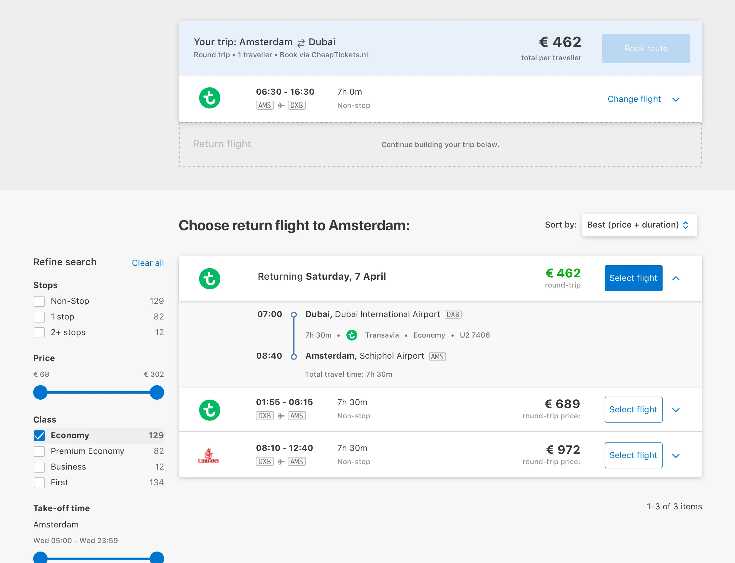 Return flight selection