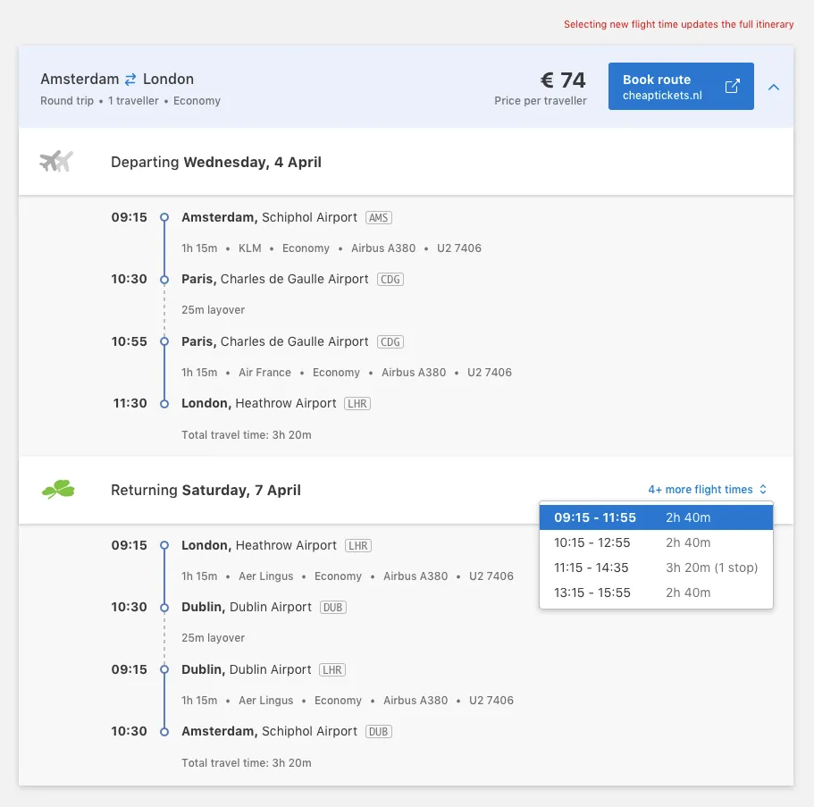 Return flight time options expanded