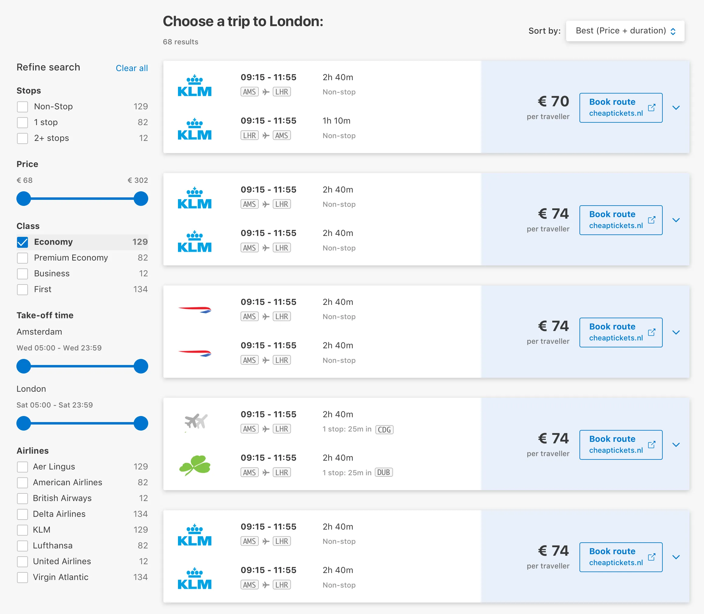 Round trip search results
