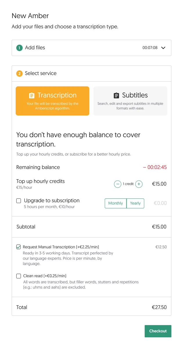 Service selected with pricing breakdown
